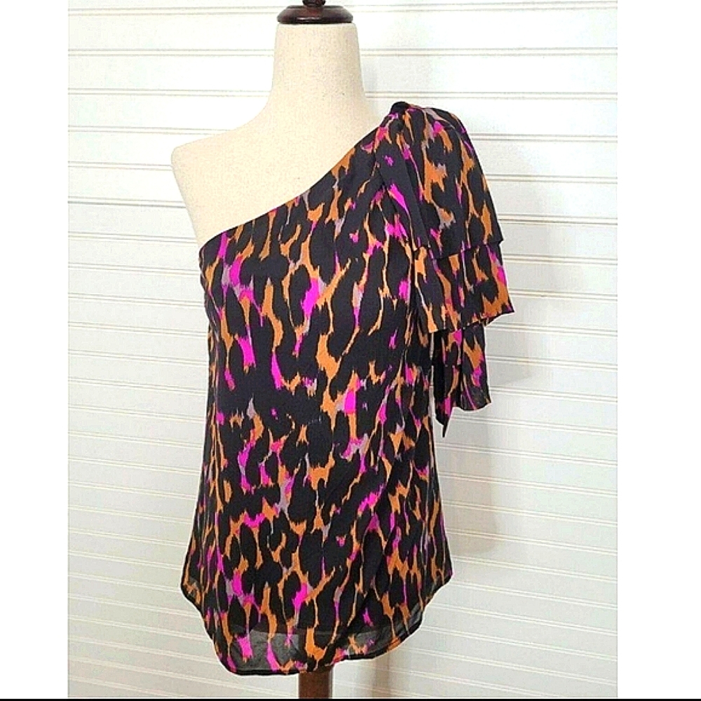Trina Turk Leopard Print One-Shoulder Blouse Black, Magenta & Orange
